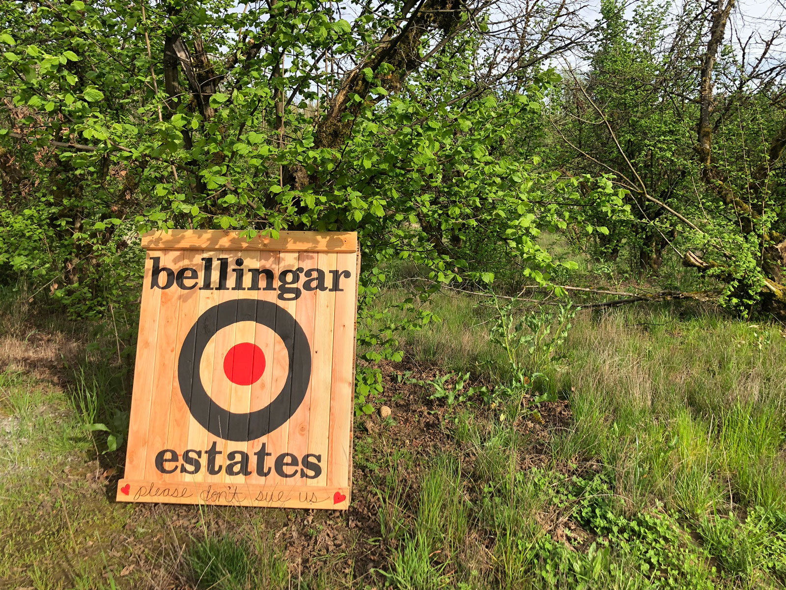 Sign for Bellingar Estates with a bullseye in the center